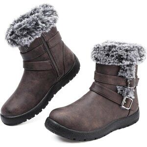 Womens Brown pu  Snow Boots with Zipper Waterproof Leather Fur Lined Warm Ankle